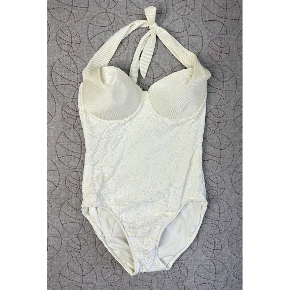 VTG Mainstream White Lace Overlay One Piece Swimsuit / Women's 14 / Made in USA